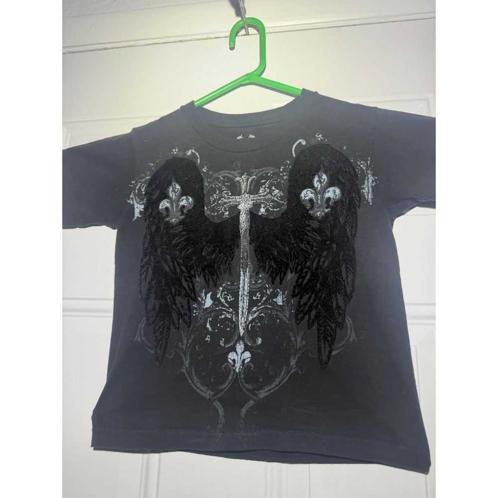 Vintage Y2K Toxic Hazard Size 5/6 Angel Wings Cross Gray Black Crop T Shirt